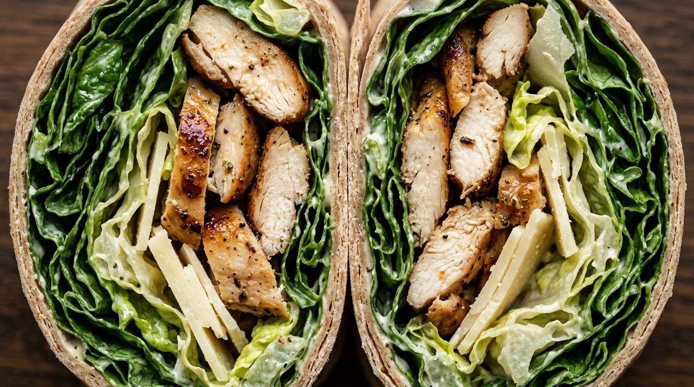 Overhead macro shot of a caesar salad wrap sliced in half showing layers of romaine, chicken, and shaved Parmesan on a dark oak surface