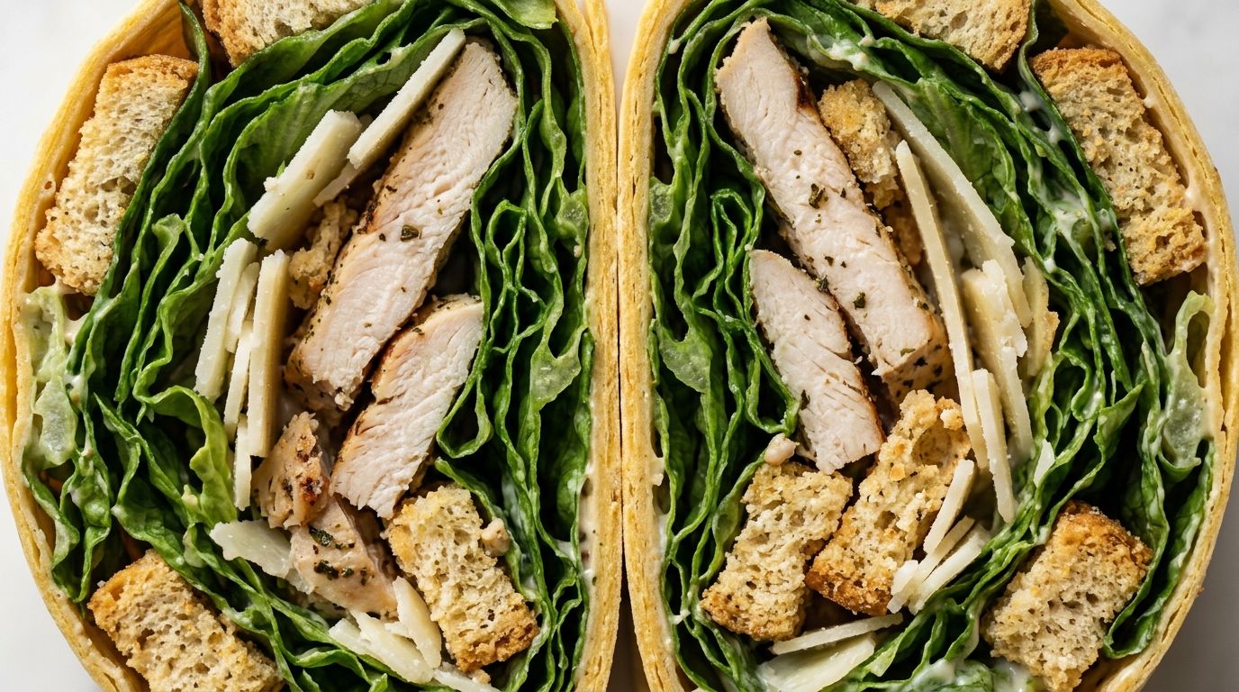 Overhead view of a sliced chicken caesar salad wrap showing romaine lettuce, chicken, and Parmesan inside a flour tortilla.