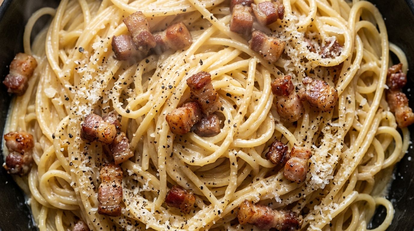 Overhead view of creamy carbonara pasta in a wide bowl with glossy egg sauce coating each spaghetti strand, topped with crispy bacon and grated Parmigiano-Reggiano.