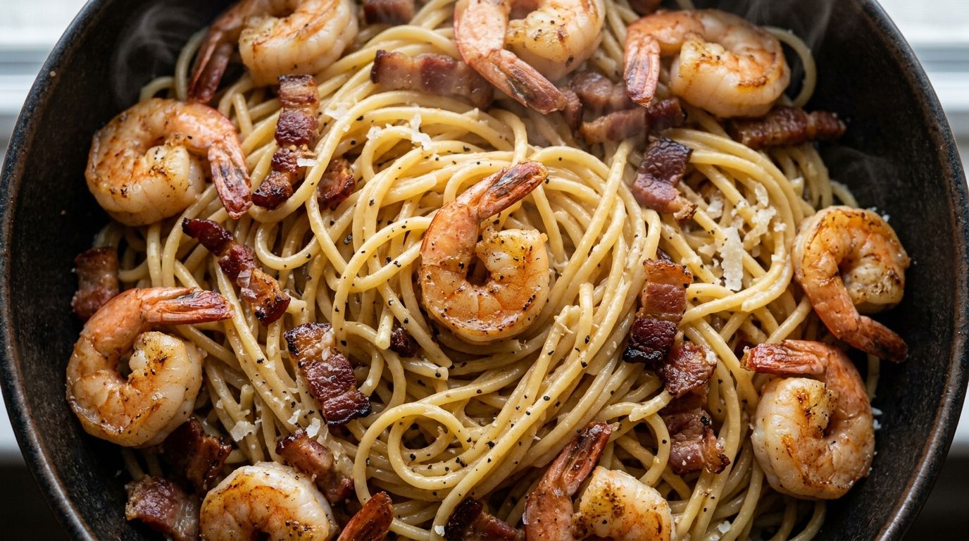 Overhead view of shrimp carbonara pasta with glossy egg sauce, crispy bacon pieces, and fresh parsley on spaghetti.